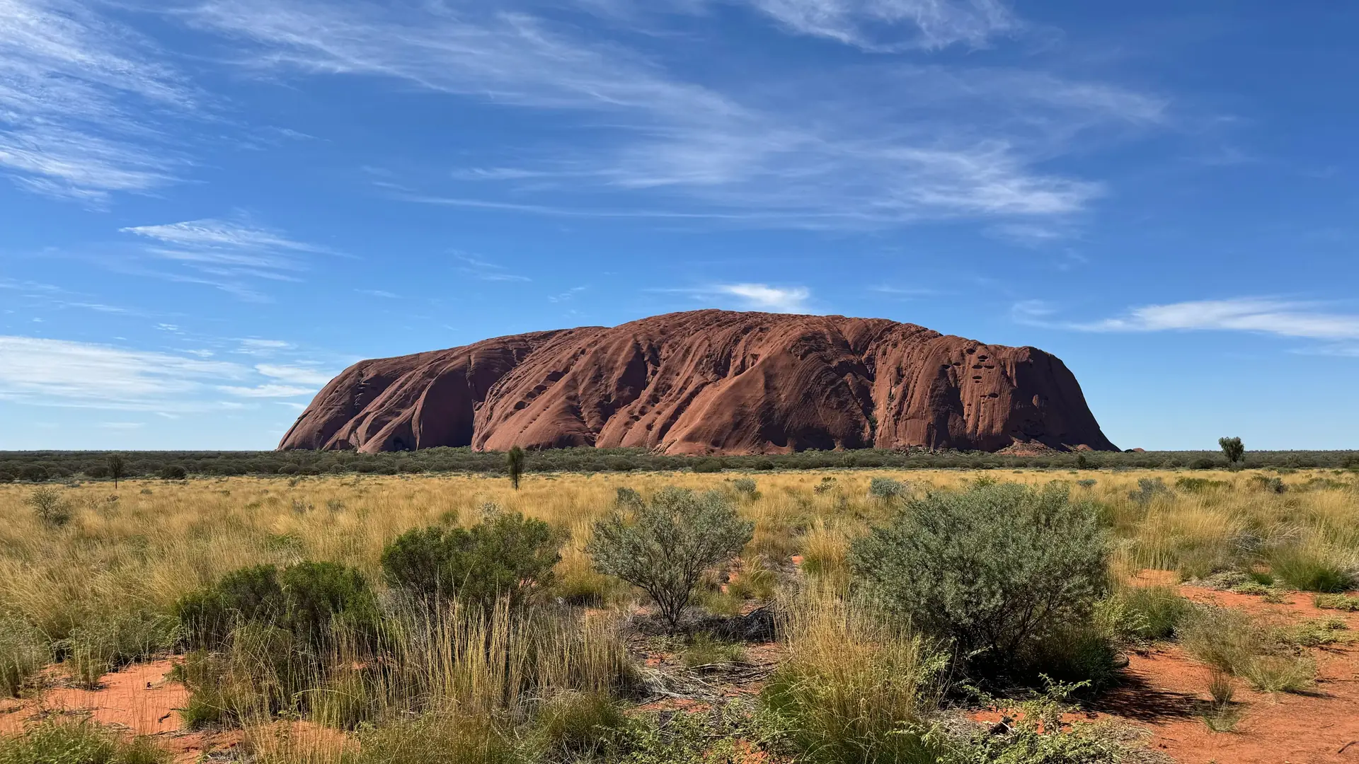 The great red monolith of Uluru rising from the spinifex plains under a clear blue outback sky